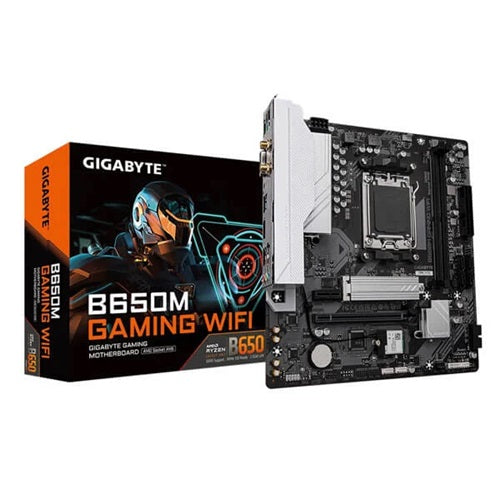 Gigabyte GA-B650M-GAMING-WIFI, Micro ATX, AMD AM5, 2xDDR5, 1xM.2, 4xSATA 6Gb/s, RAID, 1xPCIe, 1xHDMI, 1xD-Sub, GbE LAN, Wireless AC+Bluetooth, 2xUSB3.2, 4xUSB2.0, 3 Year Warranty