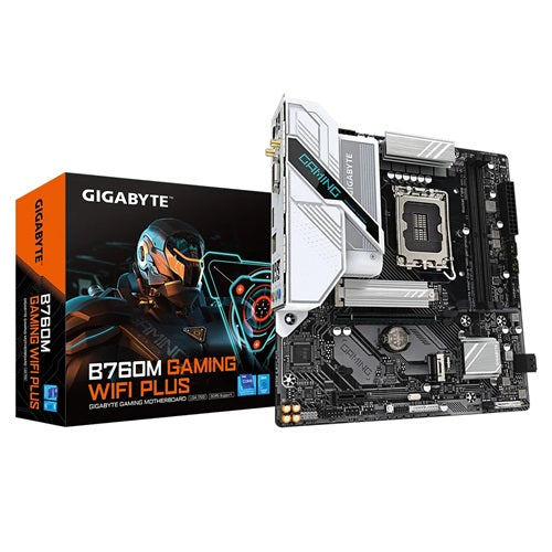 Gigabyte B760M GAMING WIFI PLUS, Micro ATX, Intel LGA 1700, 2xDDR5, 2xM.2, 4xSATA 6Gb/s, RAID, 2xPCIe, 1xHDMI, 1XDP, GbE LAN, Wi-Fi 802.11ac+Bluetooth, 1xUSB-C, 2xUSB2.0, 3xUSB3.2, 3 Year Warranty