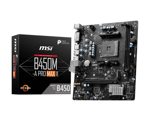 MSI B450M-A-PRO-MAX II, Micro ATX, AMD AM4, 2xDDR4, 1xM.2, 4xSATA, RAID, 1xPCIe, 1xHDMI, 1xDVI, Gbe LAN, 4xUSB3.2, 2xUSB2.0, 3 Year Warranty