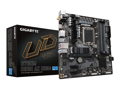 Gigabyte GA-B760M-DS3H-AX-DDR4, Micro ATX, Intel LGA 1700, 4xDDR4, 2xM.2, 4xSATA 6Gb/s, RAID, 2xPCIe, 1xHDMI, 2xDP, GbE LAN, Wireless AX+Bluetooth, 1xUSB-C, 3xUSB3.2, 2xUSB2.0, 3 Year Warranty