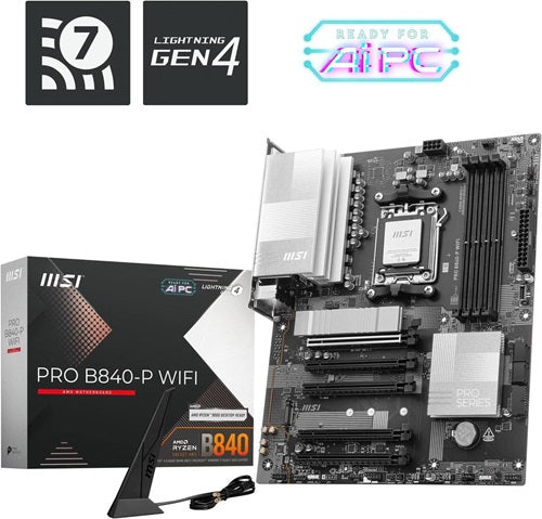 MSI PRO B840-P WIFI, ATX, AMD AM5, 4xDDR5, 2xM.2, 4xSATA 6Gb/s, RAID, 5xPCIe, 1xHDMI, GbE LAN, Wi-Fi 7+Bluetooth, 1xUSB-C, 3xUSB-A, 4xUSB2.0, 3 Year Warranty