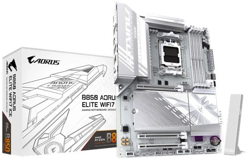 Gigabyte GA-B850-A-ELITE-WF7-ICE, ATX, AMD AM5, 4xDDR5, 3xM.2, 4xSATA 6Gb/s, RAID, 3xPCIe, 1xHDMI, 1xDP, GbE LAN, Wi-Fi 7+Bluetooth, 1xUSB-C, 7xUSB3.2, 4xUSB2.0, 3 Year Warranty