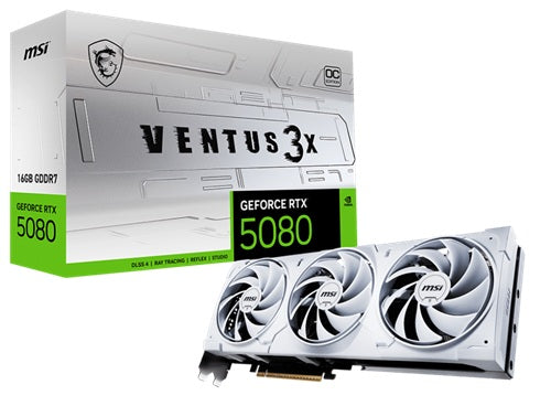 MSI GEFORCE RTX 5080 16G VENTUS 3X OC WHITE, Nvidia GEFORCE RTX 5080 16G VENTUS 3X OC, 16GB DDR7, Core Clock: 2655MHz, Cuda Core: 10752, 1xHDMI, 3xDP, PSU: 850W, PCIe5.0, 3 Year Warranty