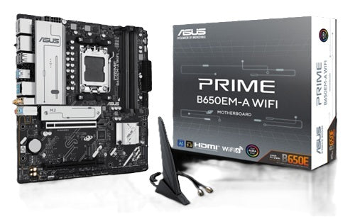 Asus PRIME B650EM-A WIFI, Micro ATX, AMD AM5, 4xDDR5, 3xM.2, 4xSATA 6Gb/s, RAID, 3xPCIe, 1xHDMI, 2xDP, GbE LAN, Wireless AX+Bluetooth, 8xUSB-A, 1xUSB-C, 3 Year Warranty