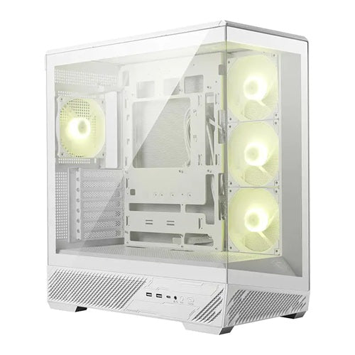MSI MAG PANO 130R PZ WHITE, Mid Tower ATX Gaming Case, Tempered Glass, Drive Bays: 3×2.5″ SSD & 2×3.5″ HDD, Expansion Slots: 7, Fan: 120mm, Mothernoard Support: ATX, Micro‑ATX, Mini‑ITX , White, 1 Year Warranty