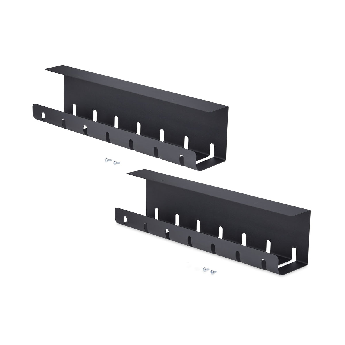 StarTech.com 2-Pack Under Desk Cable Management Tray, 42" Long (21" Per Tray), Metal Slotted Style Cable Organizer, Screw-On Install, Power Bar Holder, Black, TAA