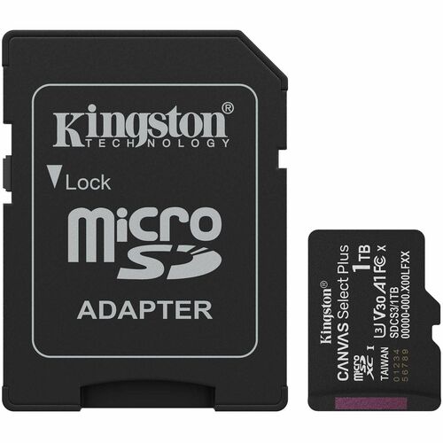 Kingston SDCS3/1TB, Canvas Select Plus 1 TB Class 10/UHS-I (U3) V30 microSDXC,  Read Speed: Up to 150MB/s, Limited Lifetime Warranty