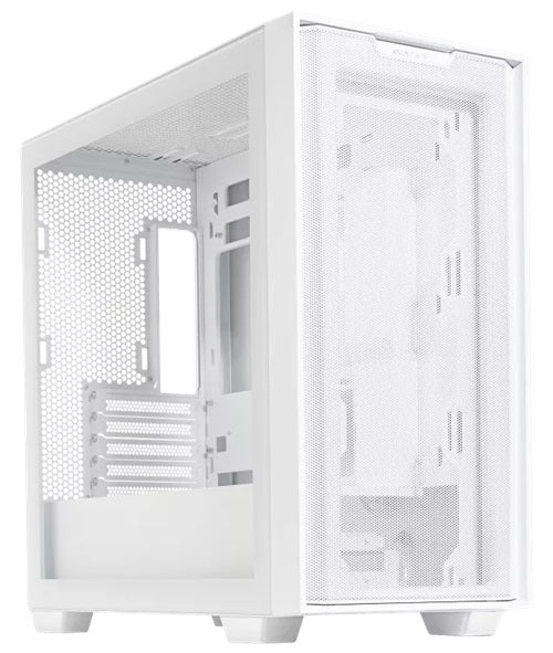 ASUS A21 White Micro ATX Case, Tempered Glass Side Window, No PSU, 2x USB 3.2, HD Audio, Mesh Front Panel
