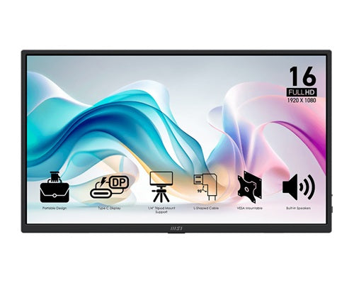 MSI PRO MP165 E6, Portable Monitor, 15.6" FHD Screen, 1920x1080, 16:9, 4ms, 60Hz, 1xHDMI, 2xUSB-C (DP Alt Mode), Speakers, VESA, Tilt, 3 Year Warranty