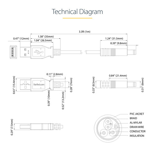 STARTECH 1M USB A TO 5.5mm DC BARREL CONNECTOR (5V), LTW