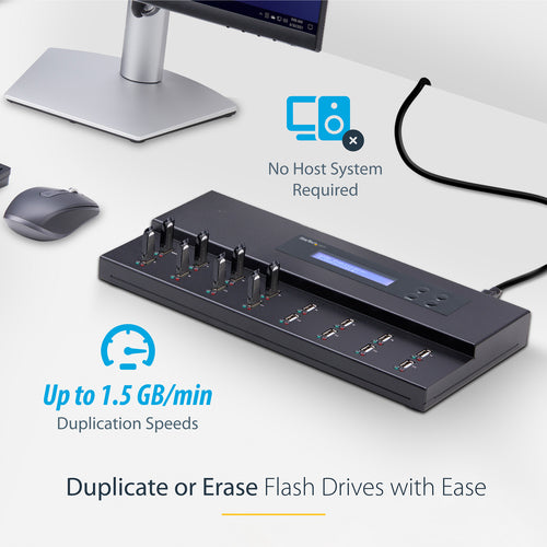 StarTech.com Standalone 1 to 15 USB Thumb Drive Duplicator and Eraser, Multiple USB Flash Drive Copier, System and File and Whole-Drive Copy at 1.5 GB/min, Single and 3-Pass Erase, LCD Display - TAA