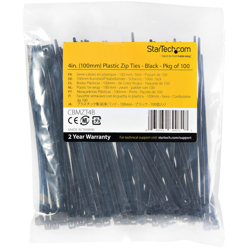 StarTech.com 4"(10cm) Cable Ties - 1/16"(2mm) wide, 7/8"(22mm) Bundle Diameter, 18lb(8kg) Tensile Strength, Nylon Self Locking Zip Ties with Curved Tip - 94V-2/UL Listed, 100 Pack - Black - TAA