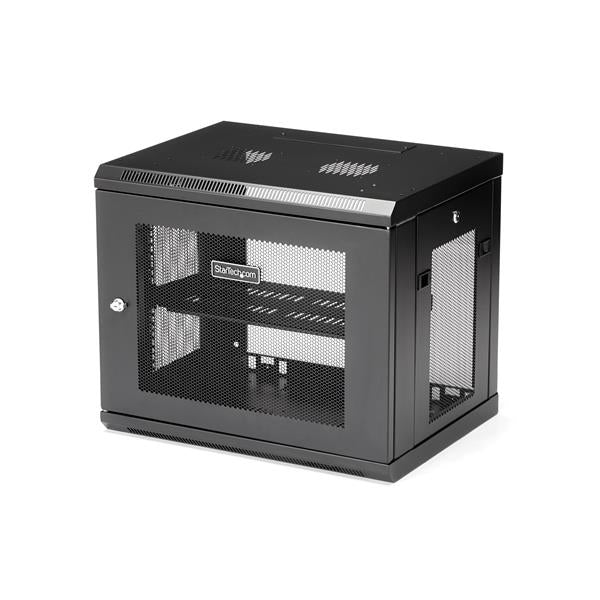Startech RK9WALM, 2 Post 9U 19" Wall Mount Network Cabinet, Adjustable Depth 6-15", Locking IT Switch Depth Enclosure, Vented Computer/Electronics Equipment Data Rack w/Shelf &amp; Hook &amp; Loop Tape, 1 Year Warranty
