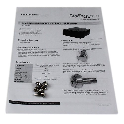 StarTech.com 4U Rack Mount Drawer - 55 lb (25 kg) - 4U Steel Storage Rack Drawer for 19" AV / Sever / Network Equipment Rack or Cabinet