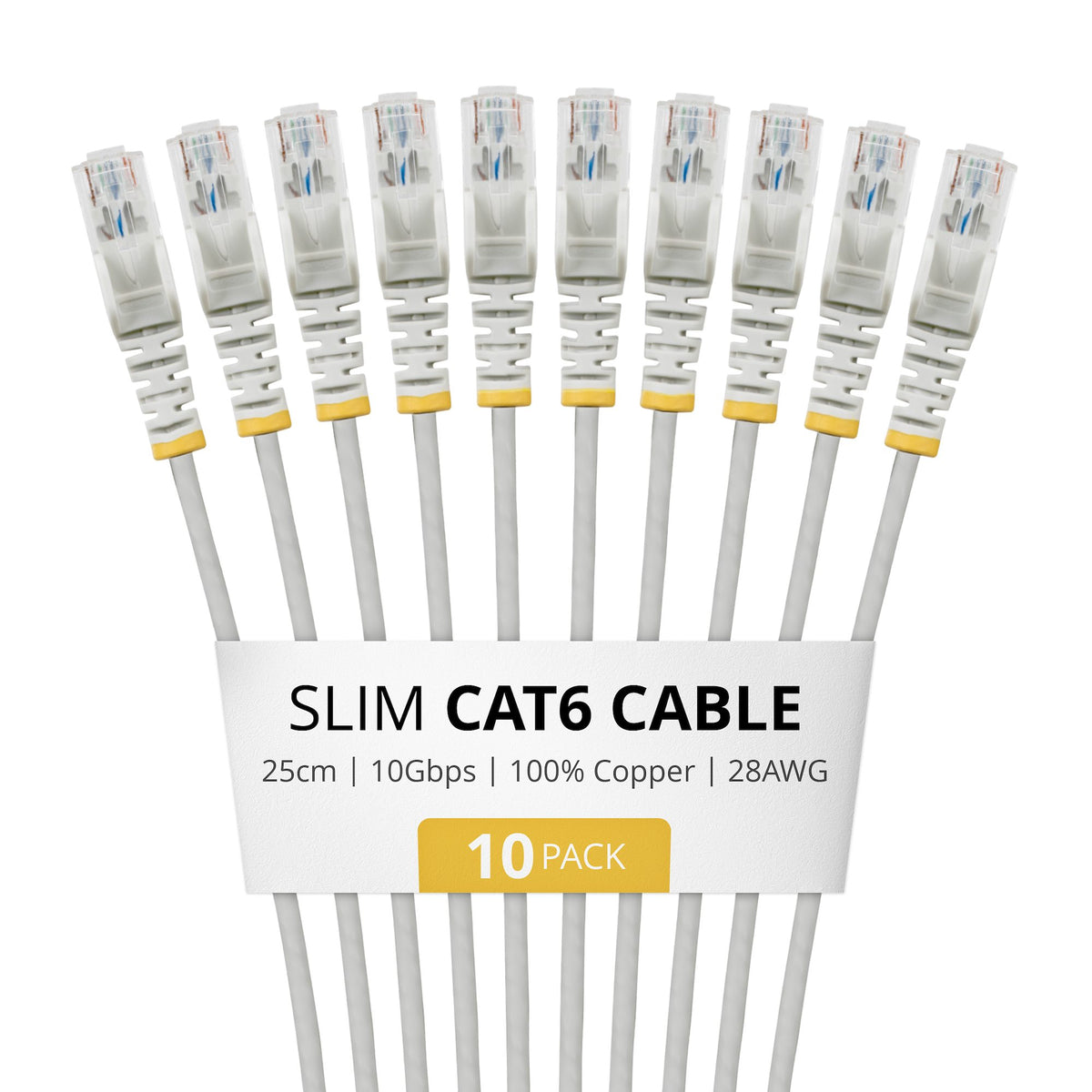 StarTech.com 25cm Gray Slim CAT6 Cable, 10 Pack, Snagless, 100W PoE, UTP, LSZH, 28AWG Pure Bare Copper Wire, Slim RJ45 Network Patch Cord w/Strain Reliefs, Individually Tested