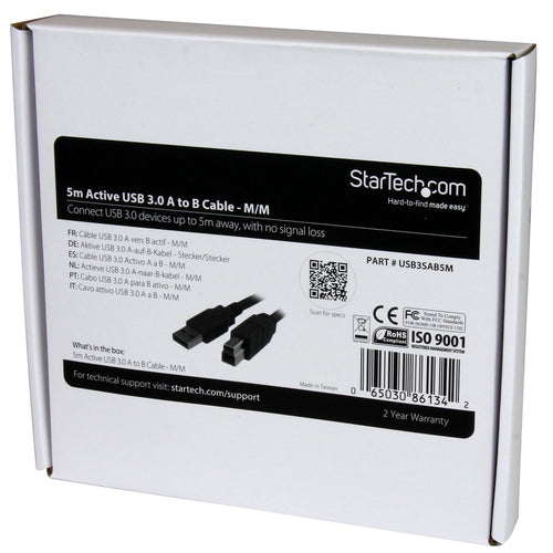 StarTech.com 5m (16ft) Active USB 3.0 (5Gbps) USB-A to USB-B Cable - M/M