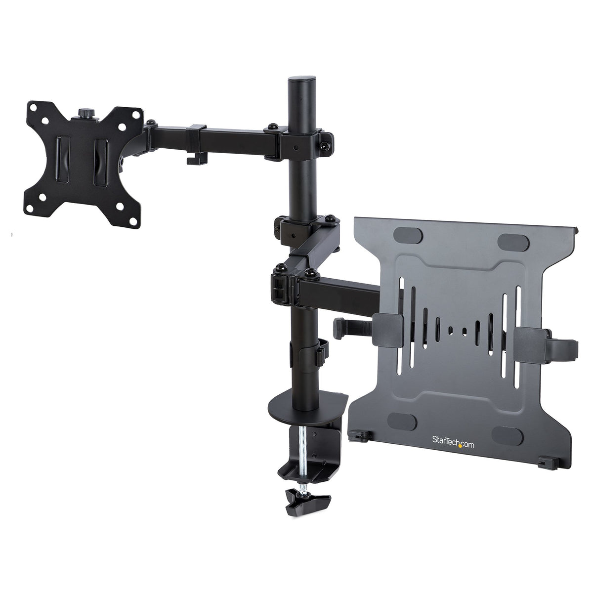 StarTech.com Monitor Arm with VESA Laptop Tray, For a Laptop (4.5kg/9.9lb) and a Single Display up to 32" (17.6lb/8kg), Black, Vented Tray, Adjustable Laptop Arm Mount, C-clamp/Grommet Mount