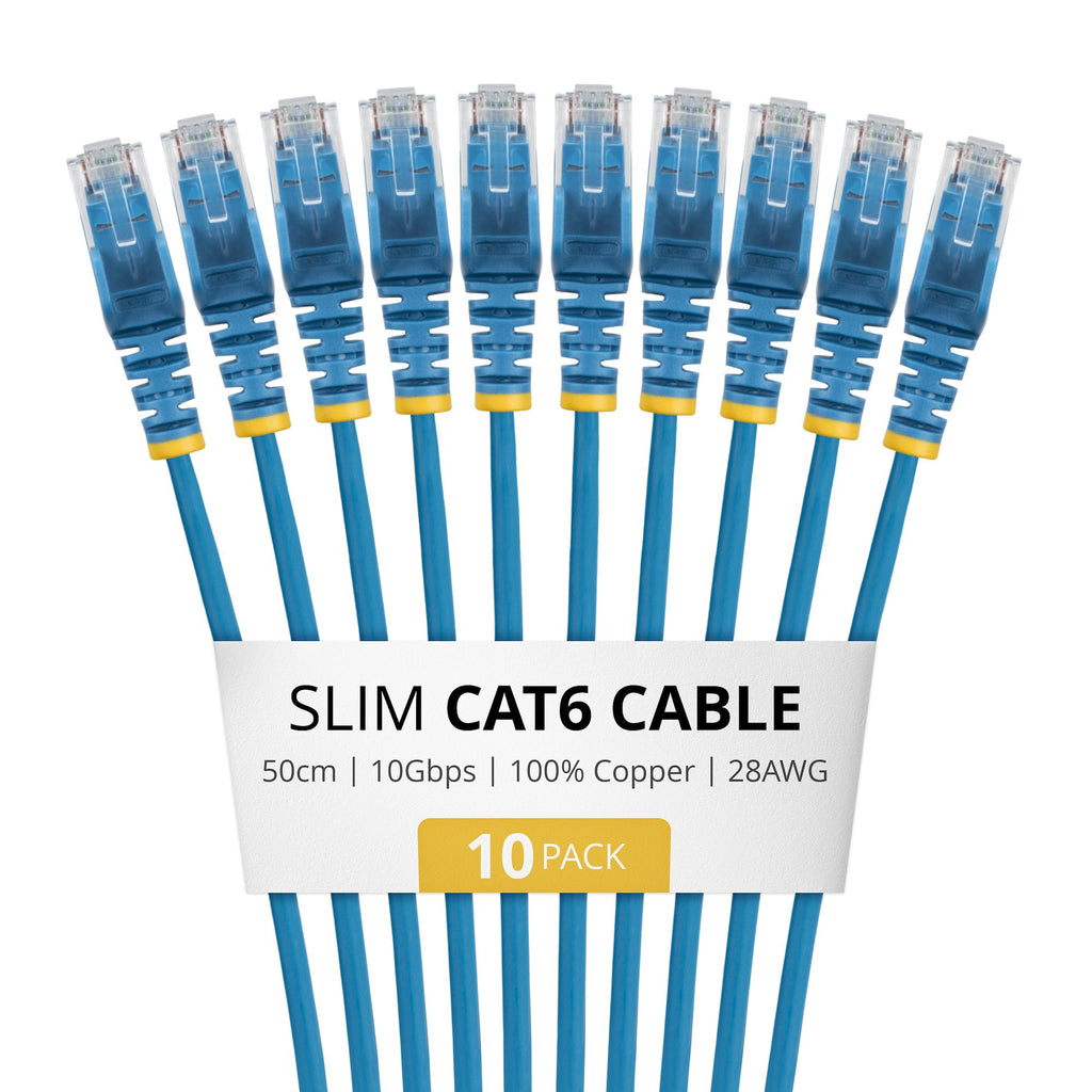 StarTech.com 50cm Blue Slim CAT6 Cable, 10 Pack, Snagless, 100W PoE, UTP, LSZH, 28AWG Pure Bare Copper Wire, Slim RJ45 Network Patch Cord w/Strain Reliefs, Individually Tested