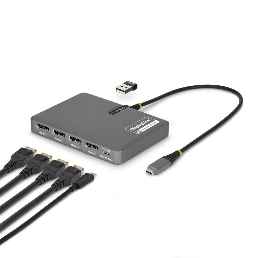 StarTech.com USB-C to Quad-Monitor Workstation Adapter, 4K 60Hz DisplayPort, 140W PD Passthrough for Laptop Charging, USB Port for Wireless Keyboard / Mouse, TAA