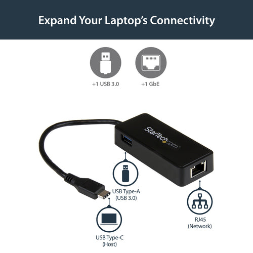 STARTECH USB-C TO GbE ADAPTER, USB 3.0(1), TB3 COMPATIBLE, BLACK, 2YR