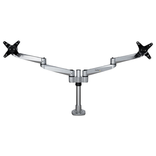 StarTech.com Desk Mount Dual Monitor Arm - Premium Articulating Monitor Arm - up to 27" (17.6lb/8kg) VESA Mount Displays - Height Adjustable Monitor Mount - Rotate/Tilt/Swivel - Clamp/Grommet - Silver - TAA