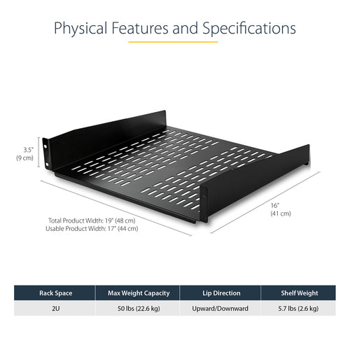 StarTech.com 2U Server Rack Shelf - Universal Vented Rack Mount Cantilever Tray for 19" Network Equipment Rack & Cabinet - Heavy Duty Steel - Weight Capacity 50lb/23kg - 16" Deep Shelf, Black - TAA