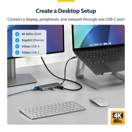 StarTech.com USB-C to HDMI Multiport Adapter with 140W PD Charging, 4K 60Hz, 5-Port USB 5Gbps Hub, GbE, Type-C Mini Dock for MacBook / Dell / Thinkpad / HP