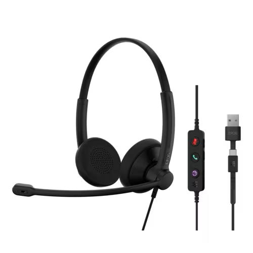 EPOS Audio 1001421, IMPACT 100 MS Stereo USB-C+A Headset, Microsoft Teams Certified, Stereo Wired Headset, Noise-Cancelling Uni-Directional Microphone, USB-C Connectivity with USB-A Adapter, Ultra-Lightweight Design (76g), In-Line Call Controls