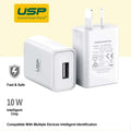 USP 10W USB-A Fast Wall Charger - White, Intelligent Chip, Smart Charging, Output Voltage DC5V/3A, Output Current 2A max, 2 Years Warranty