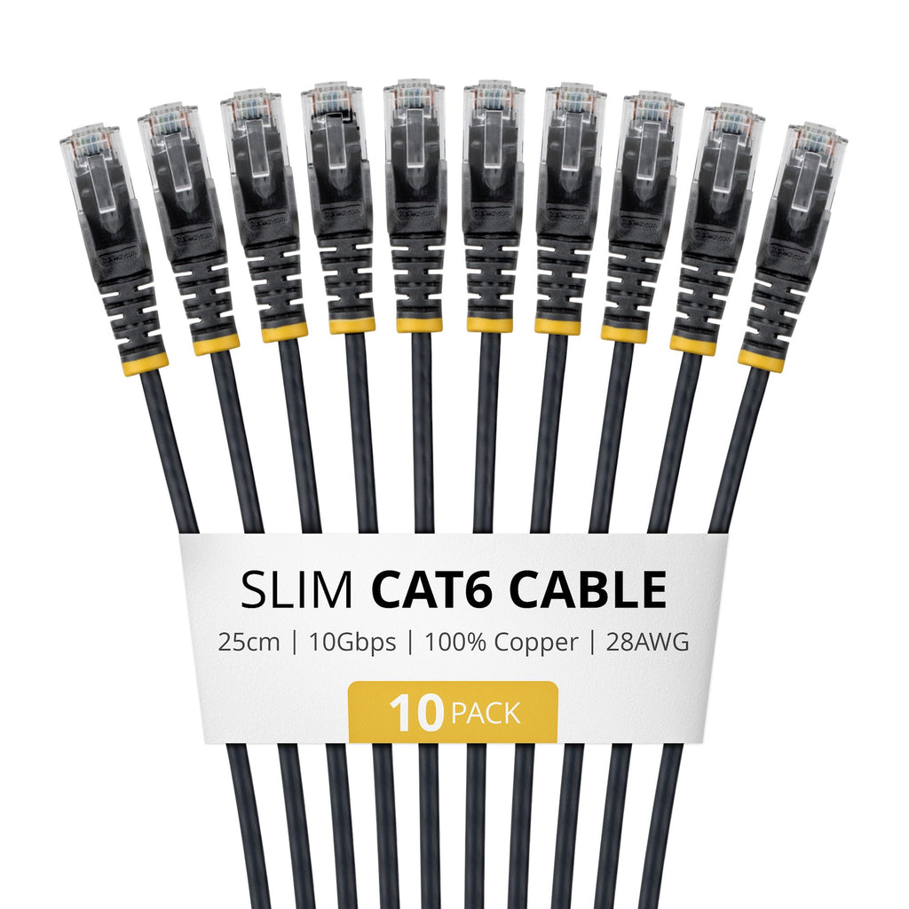 StarTech.com 25cm Black Slim CAT6 Cable, 10 Pack, Snagless, 100W PoE, UTP, LSZH, 28AWG Pure Bare Copper Wire, Slim RJ45 Network Patch Cord w/Strain Reliefs, Individually Tested