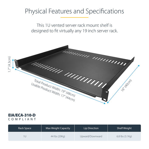 StarTech.com 2-Pack 1U Server Rack Shelf, Vented Universal Rack Mount Cantilever Shelf, For 19" Rack/Cabinet, Heavy-Duty Steel, 44lb/20kg Capacity, 16" Deep Tray
