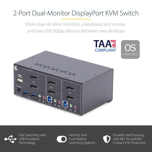 STARTECH.COM 2-PORT DUAL-MONITOR DP KVM SWITCH, 4K 60Hz, 2x USB 5Gbps, 2x USB 2.0 2YR