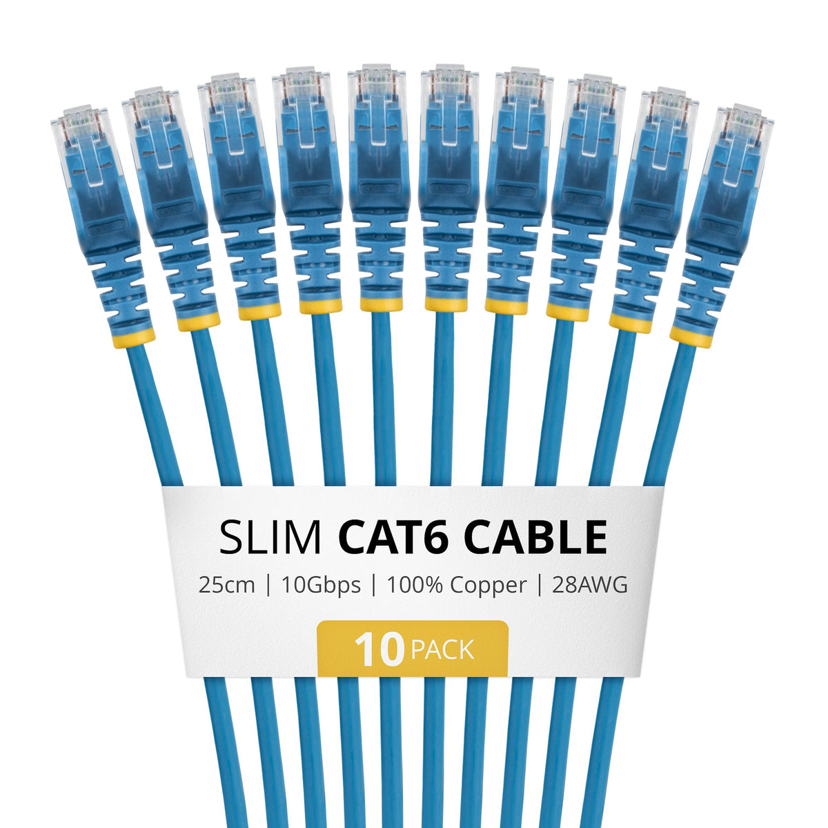 StarTech.com 25cm Blue Slim CAT6 Cable, 10 Pack, Snagless, 100W PoE, UTP, LSZH, 28AWG Pure Bare Copper Wire, Slim RJ45 Network Patch Cord w/Strain Reliefs, Individually Tested