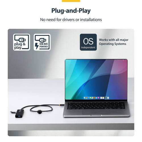 StarTech.com 4-Port USB-C Hub, 5Gbps, Bus Powered, USB-C to 4x USB-A Mini Hub, Extra Long 2ft/61cm Host Cable, PCR Plastic, Portable Desktop / Laptop USB Hub