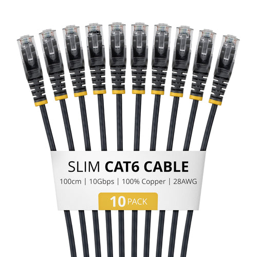 StarTech.com 1m Black Slim CAT6 Cable, 10 Pack, Snagless, 100W PoE, UTP, LSZH, 28AWG Pure Bare Copper Wire, Slim RJ45 Network Patch Cord w/Strain Reliefs, Individually Tested