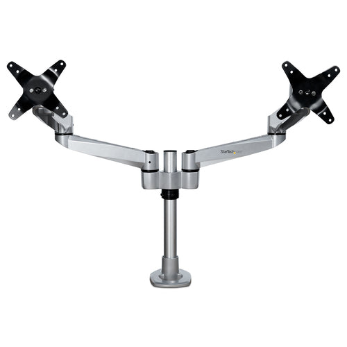 StarTech.com Desk Mount Dual Monitor Arm - Premium Articulating Monitor Arm - up to 27" (17.6lb/8kg) VESA Mount Displays - Height Adjustable Monitor Mount - Rotate/Tilt/Swivel - Clamp/Grommet - Silver - TAA