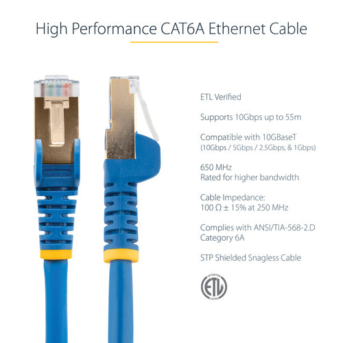 StarTech.com 10m CAT6a Ethernet Cable - 10 Gigabit Shielded Snagless RJ45 100W PoE Patch Cord - 10GbE STP Network Cable w/Strain Relief - Blue Individually Tested/Wiring is UL Certified/TIA