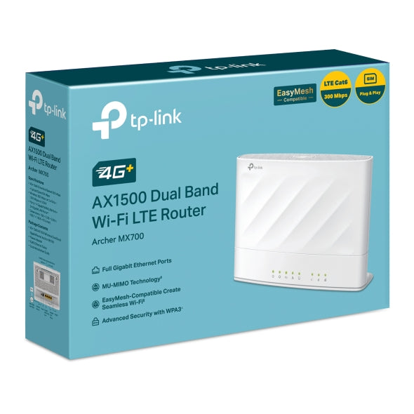 TP-Link Archer MX700 4G+ AX1500 Dual Band Wi-Fi LTE Router with Cat6 300 Mbps 4G+, AX1500 dual-band, nano SIM, 1×WAN/LAN + 3×LAN, and external antenna