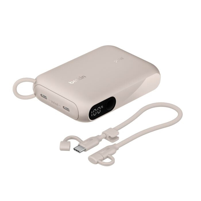 Belkin BoostCharge 10K mAh Power Bank with Display + USB-C to USB-C Cable 60W (15CM) - Sand (BPB027fqSD), 20W, 2x USB-C Ports, 2 Years Warranty