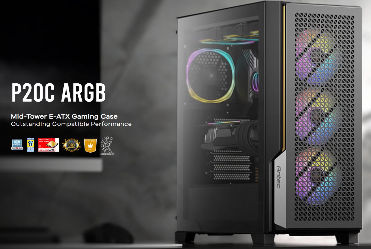 Antec P20C ARGB, ATX, E-ATX, High Airflow, USB-C, Cable management, 4x HDD/SSD , 375mm GPU, 170mm CPU, 3x ARGB PWM 12CM,Fan Control, Case (LS)