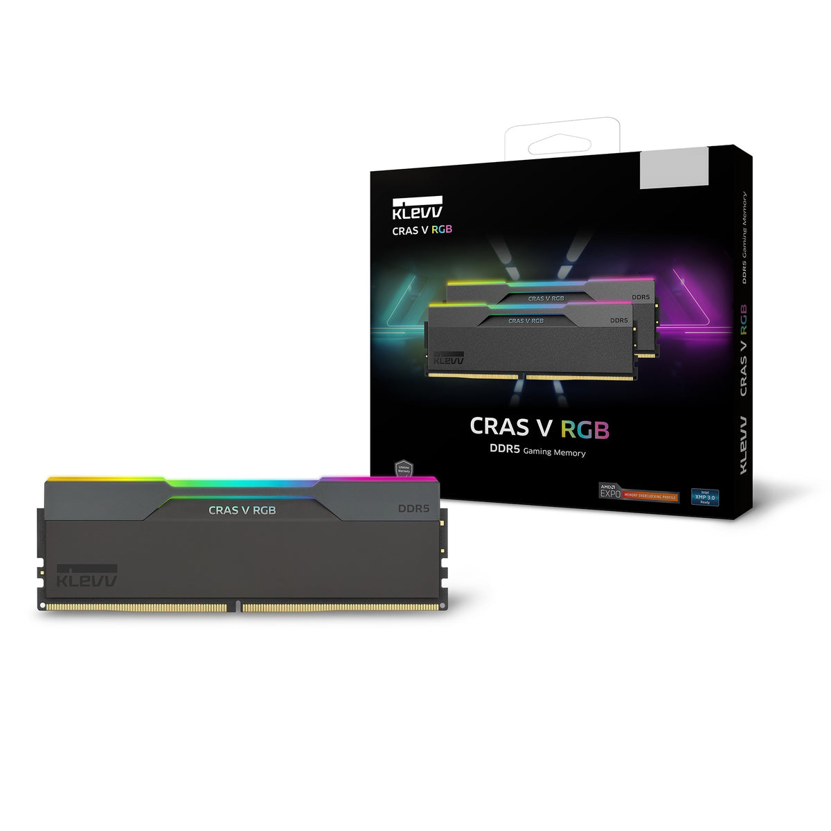 *Price Valid For SOH Only* Klevv KD5BGUA80-60A300G, CRAS V RGB, UDIMM, DDR5, 64GB(2x32GB), 6000MHz, CL30, 1.35V, Black, Limited Lifetime Warranty
