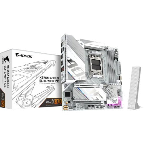 Gigabyte X870M A ELITE WF7 ICE, X870 AM5 ATX, Ryzen 9000/8000/7000, 4×DDR5 256GB, PCIe 5.0 M.2, USB4, Wi-Fi 7, BT 5.4, 5GbE LAN, ALC1220, HDMI, Win11 64-bit, 3 Years