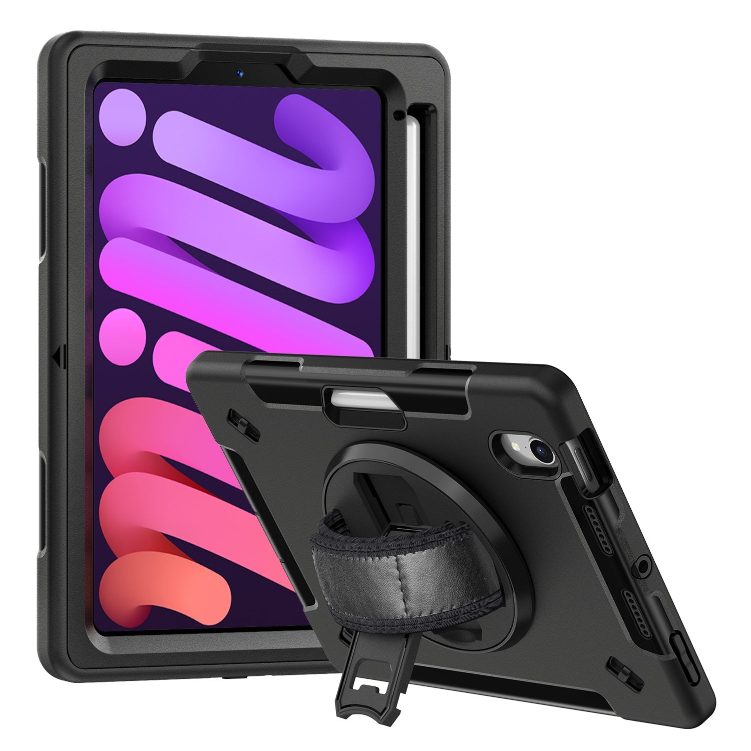 USP Rugged Apple iPad Mini A17 Pro (7th Gen)/ iPad Mini (8.3') (6th Gen) Case with Sling Black-Built-in-Kickstand, 3 Years Warranty