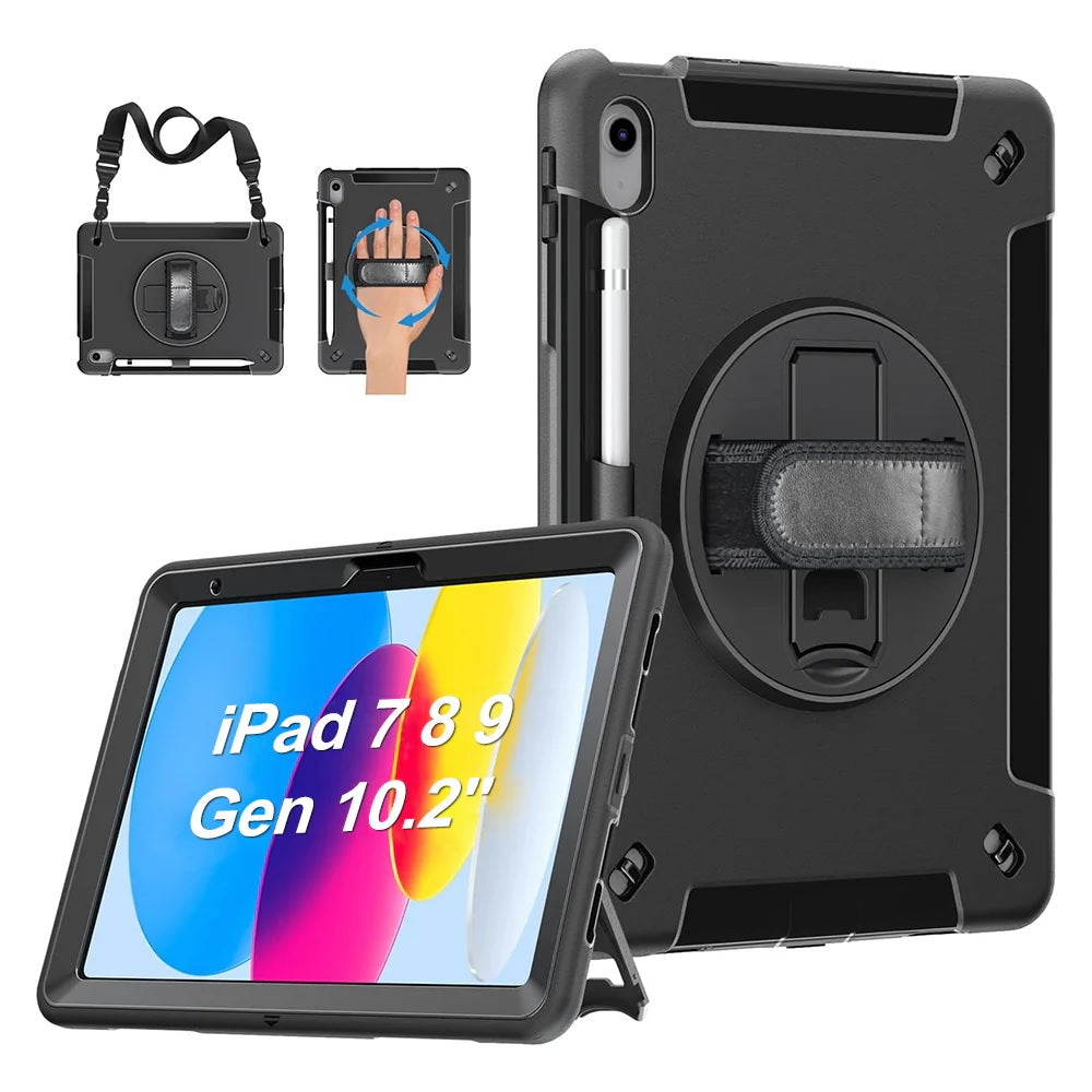 USP Rugged Apple iPad (10.2') (9th/8th/7th Gen) Case Black - Built-in-Kickstand, Adjustable Hand Strap, Shoulder Strap, Pen Holder, 3 Years Warranty