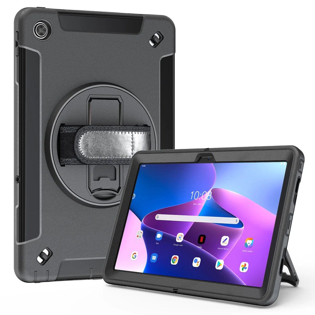 USP Rugged Lenovo Tab M11 (11') Case + Screen Protector Black - Built-in-Kickstand, Adjustable Hand Strap, Shoulder Strap, DropProof, 3 Year Warranty