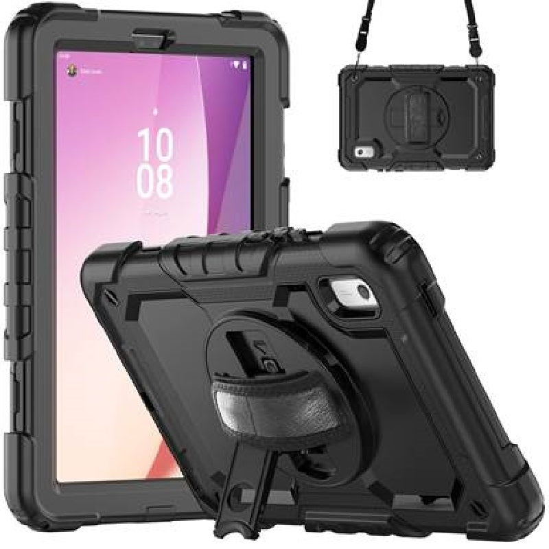 USP Rugged Lenovo Tab M9 (9') Case + Screen Protector Black - Built-in-Kickstand, Adjustable Hand Strap, Shoulder Strap, 3 Year Warranty
