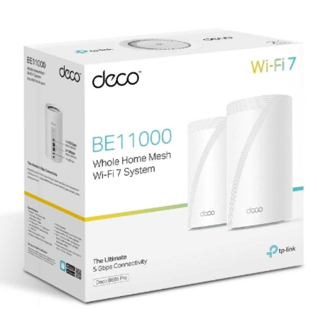 TP-Link Deco BE65 Pro(2-pack) BE11000 Whole Home Mesh WiFi 7 System, 688 Mbps at 2.4 GHz + 4320 Mbps at 5 GHz + 5760 Mbps at 6 GHz