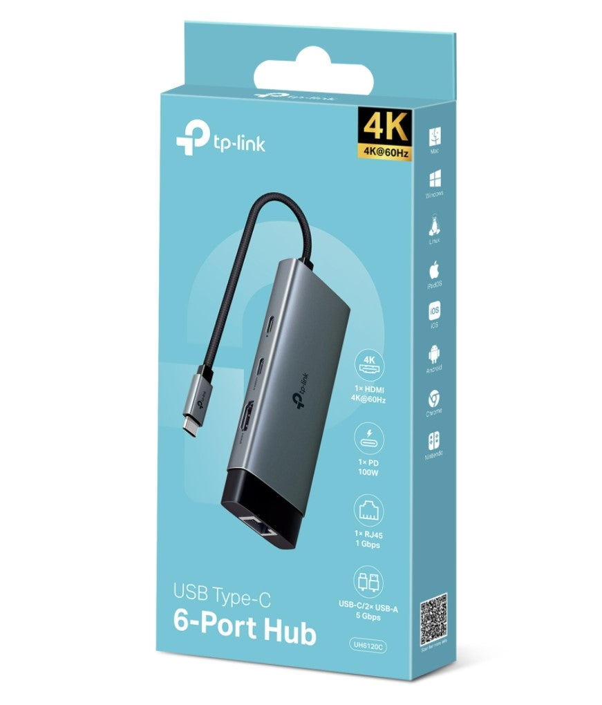 TP-Link UH6120C USB Type-C 6-Port Hub,4K@60Hz HDMI, 1 Gbps ethernet, 100W Power Delivery, 1× USB-C Data Ports, 2× USB-A Data Ports.