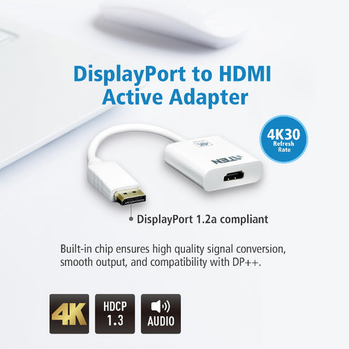 Aten 4K DisplayPort to HDMI Active Adapter, Supports VGA, SVGA, XGA, SXGA, UXGA, 1080p &  resolutions up to 4K UHD, Supports AMD Eyefinity, DP to HDMI