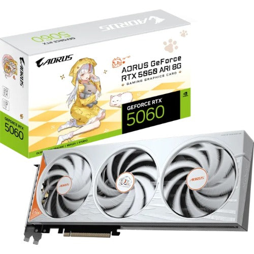 Gigabyte GV-N5060AORUS ARI-8GD, GeForce RTX™ 5060 8GB, GDDR7, 128-bit, 2722 MHz Boost, 28gbps PCIe 5.0, 3840 CUDA Cores, 550WPSU, 8-Pinx1, DP 2.1b x3